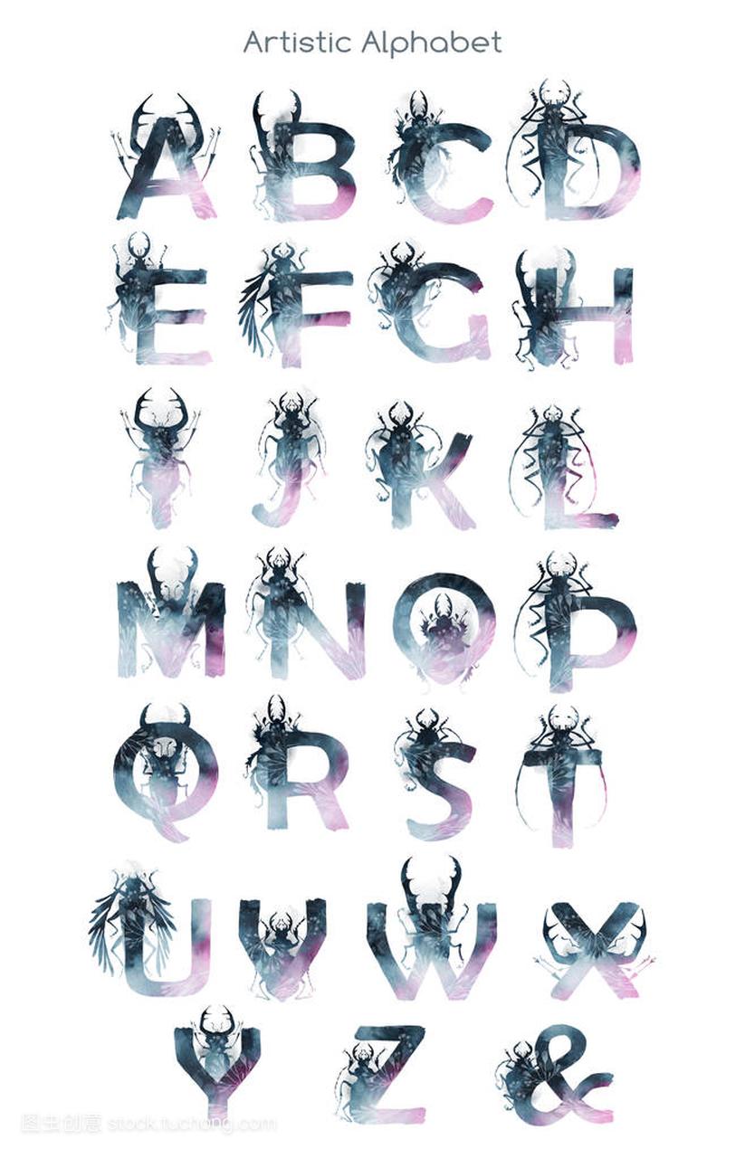 昆虫字体设置。拉丁文的海报大写字母。字母,