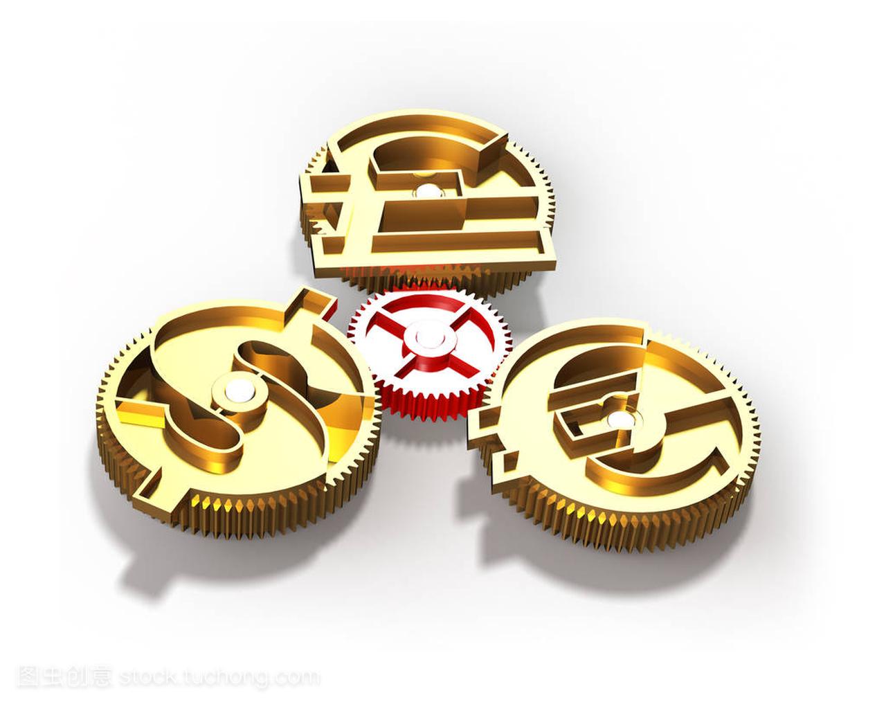 与黄金的美元符号,英镑,欧元符号,3d illustrati 齿