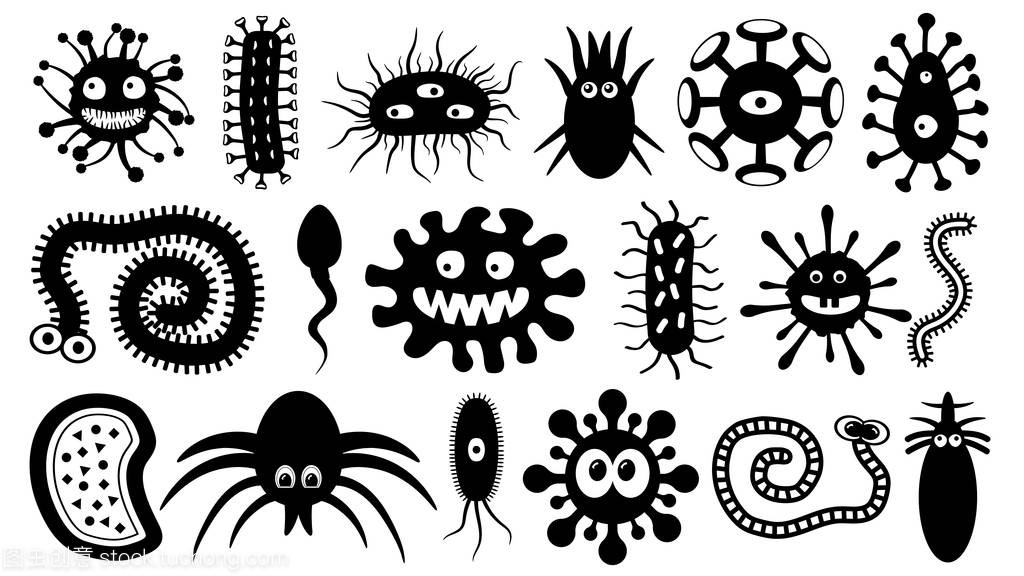 显微镜下的微生物, 设置矢量插图, 剪影。微生物, 寄生虫, 细菌, 蠕虫, 病毒, 精子