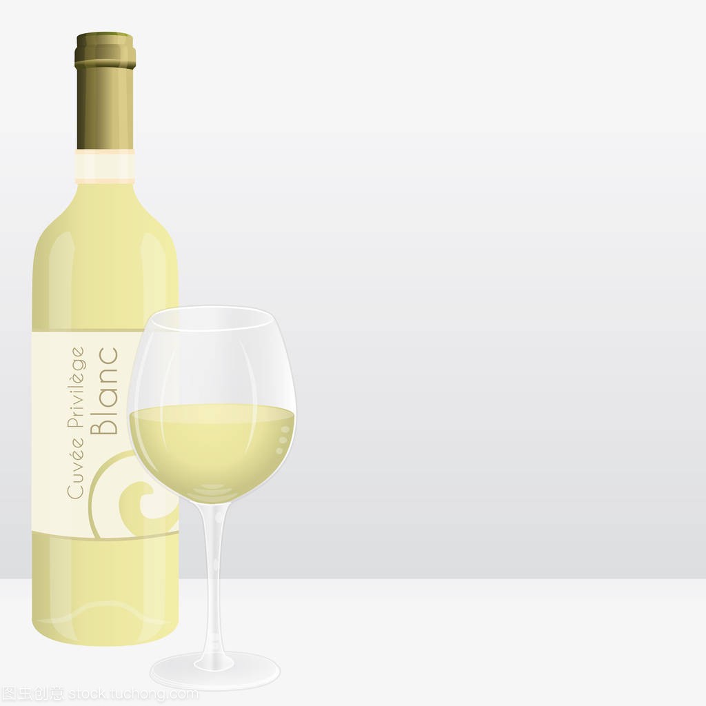 白葡萄酒瓶和酒杯。矢量营销插图。法国虚拟品