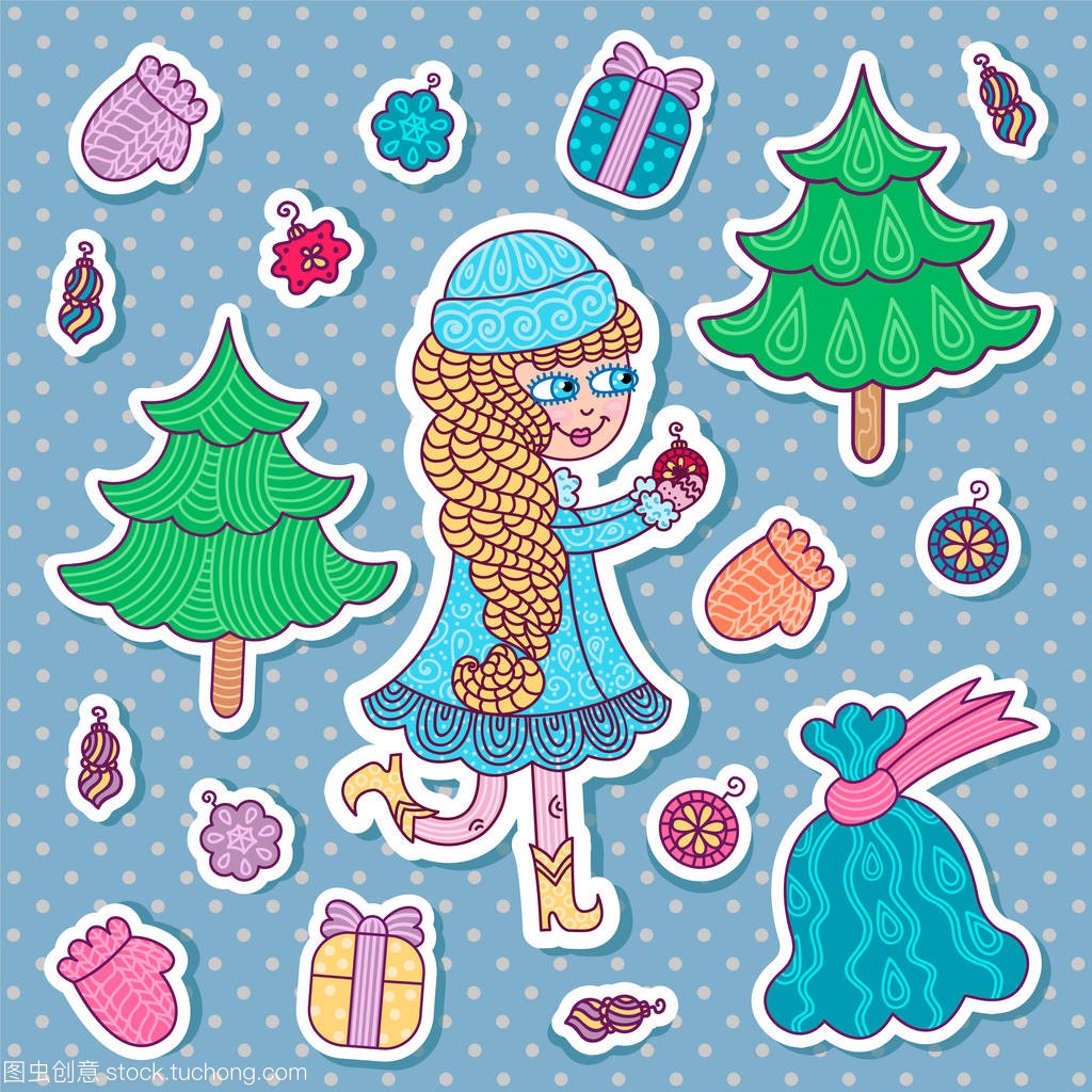 收藏圣诞装饰图标: 雪少女, 新年树, 礼品袋, 礼品