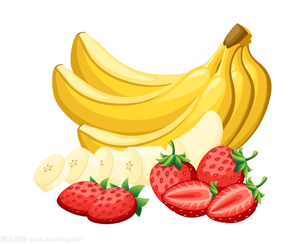一套新鲜的草莓和香蕉切成片与不同的党卡通明