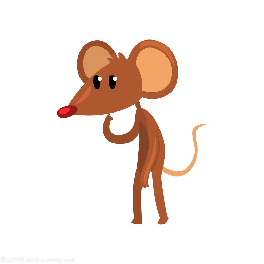 可爱的棕色体贴的老鼠站在两条腿上, 滑稽的啮齿动物字符卡通矢量插图白色背景