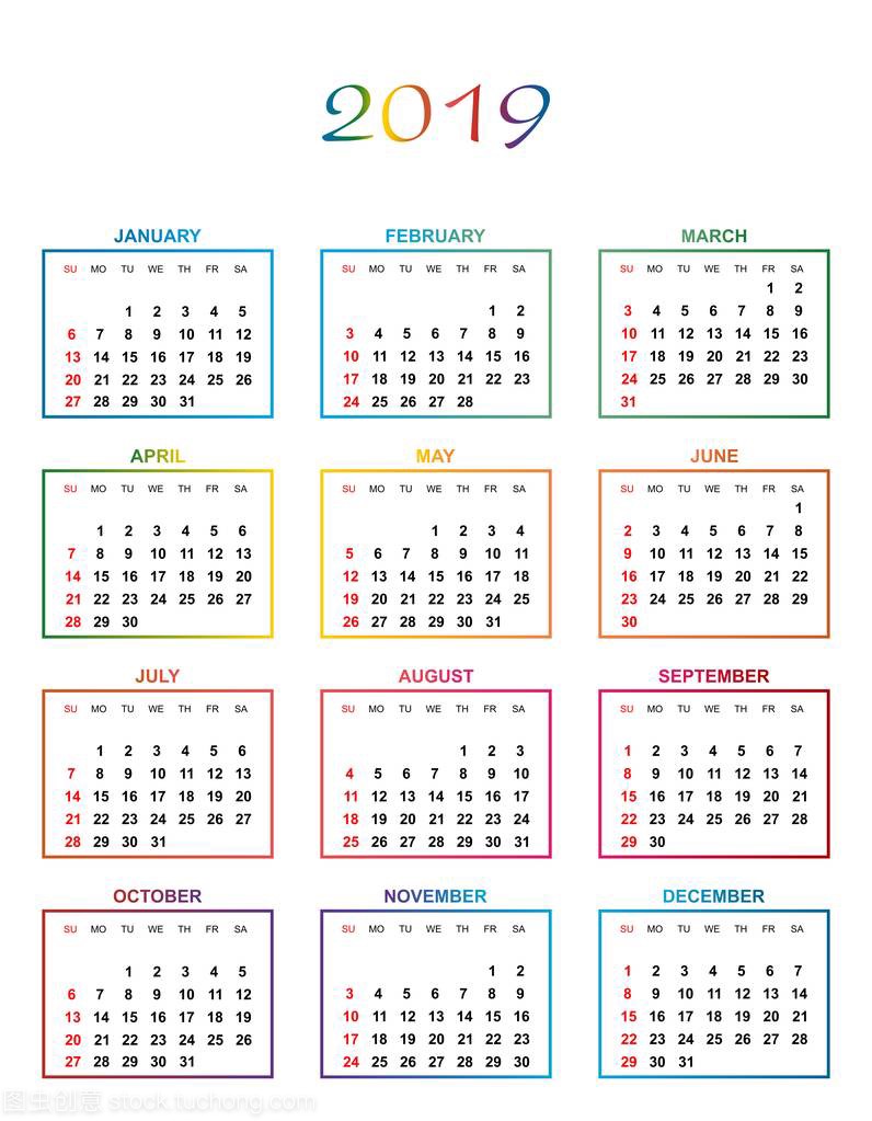 简单的颜色日历为年2019。在白色背景上有色