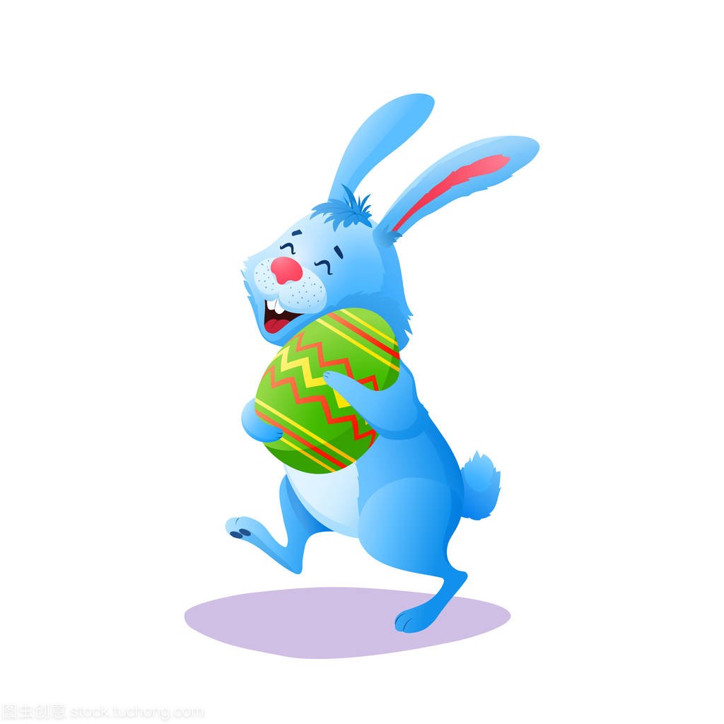 蓝色卡通复活节兔子运行与帕沙尔鸡蛋隔离在白