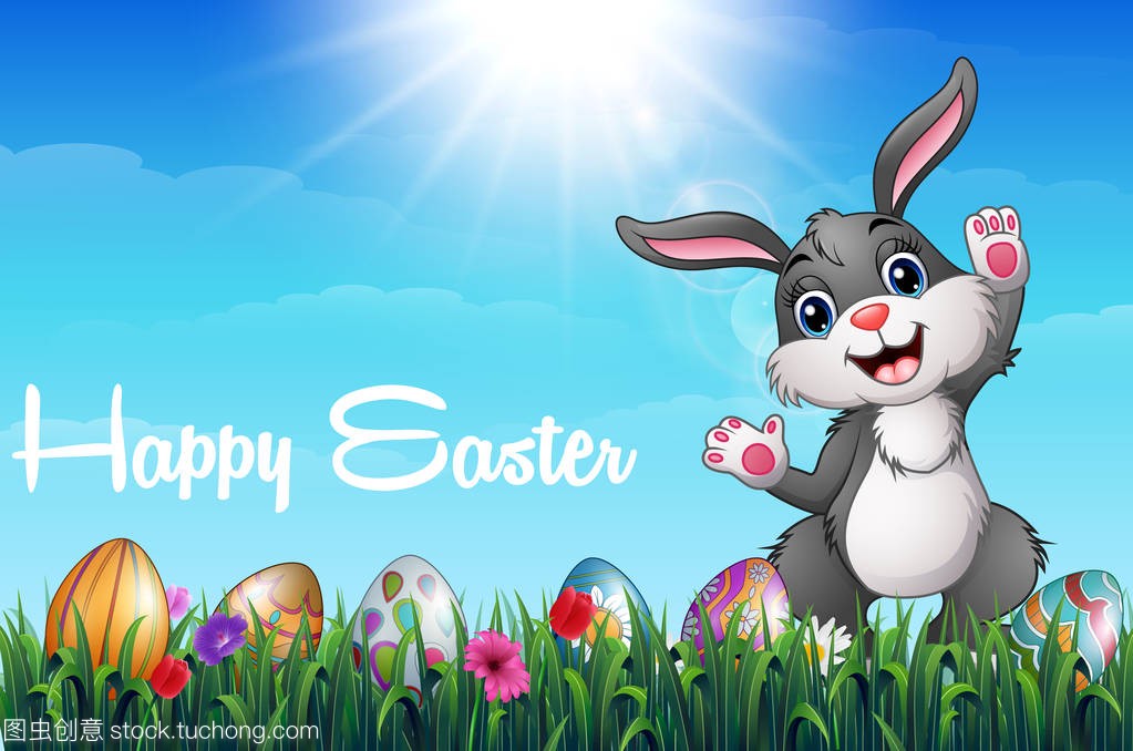 动画片复活节兔子与彩色装饰鸡蛋在草地上的矢