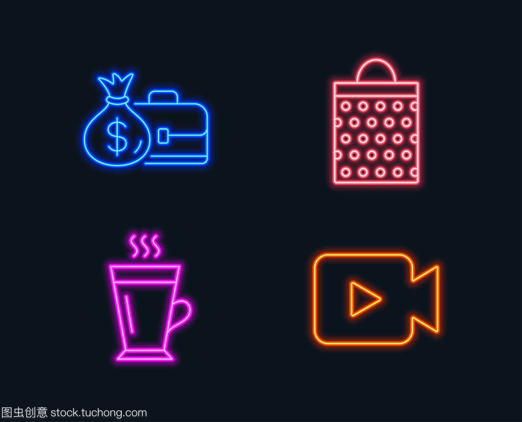 霓虹灯。一套薪水, 购物袋和拿铁的图标。摄像
