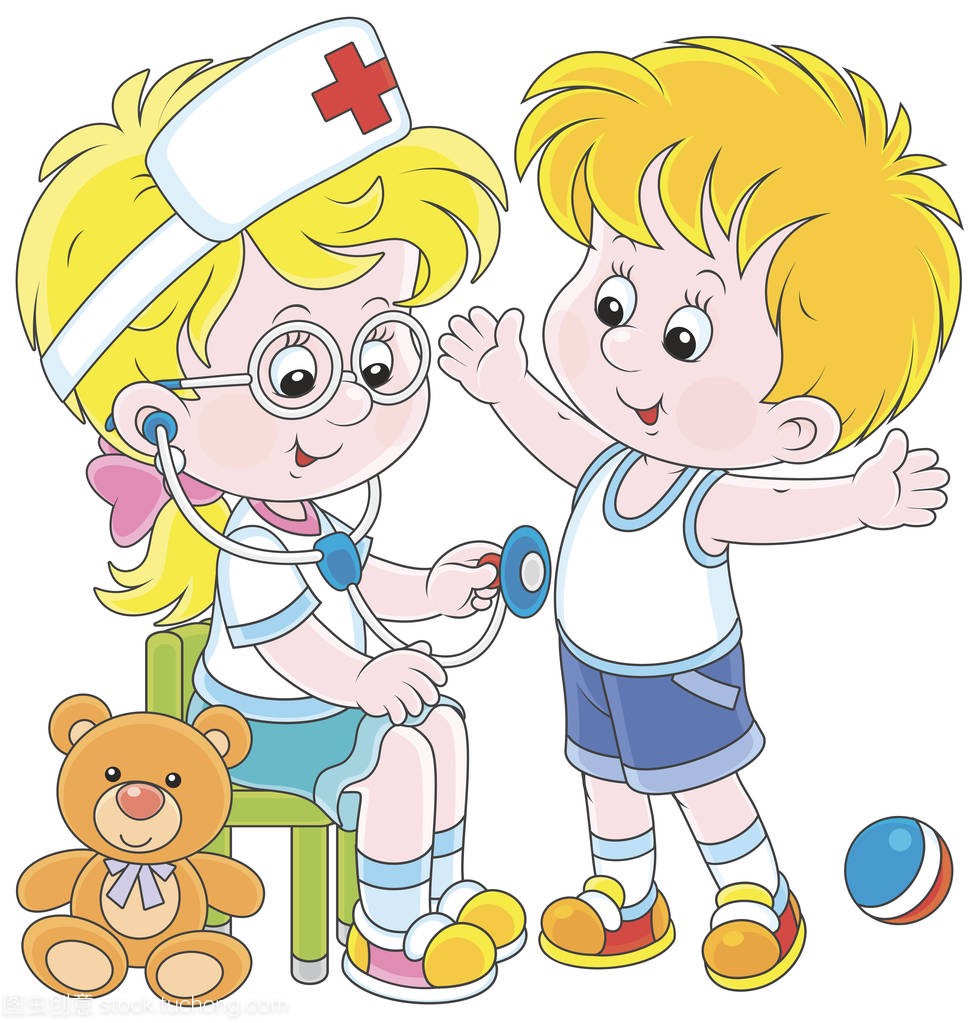 小孩子们在玩医生和病人。卡通风格的矢量插图