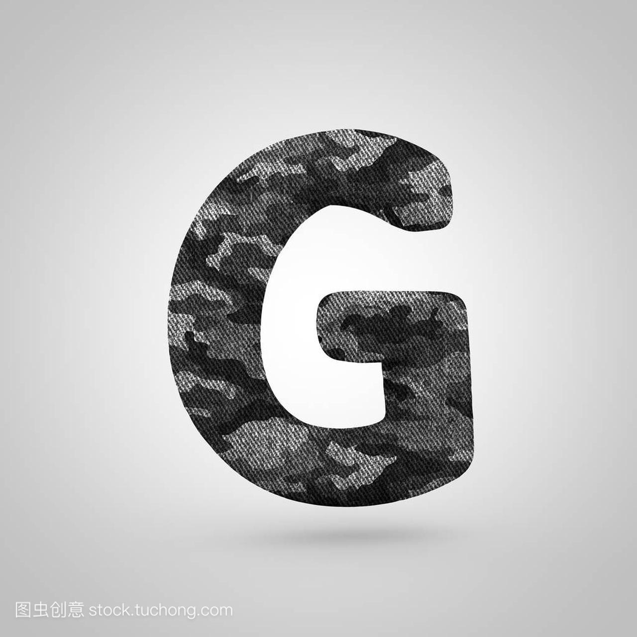 伪装字母 G 大写。3d 渲染字体与伪装纹理