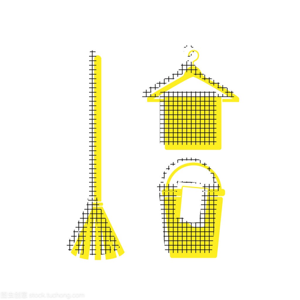 扫帚, 水桶和衣架标志。向量。带方形 p 的黄色