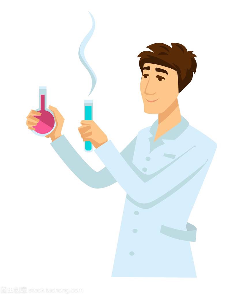 化学家在工作长袍与两个瓶子充满试剂。统一的