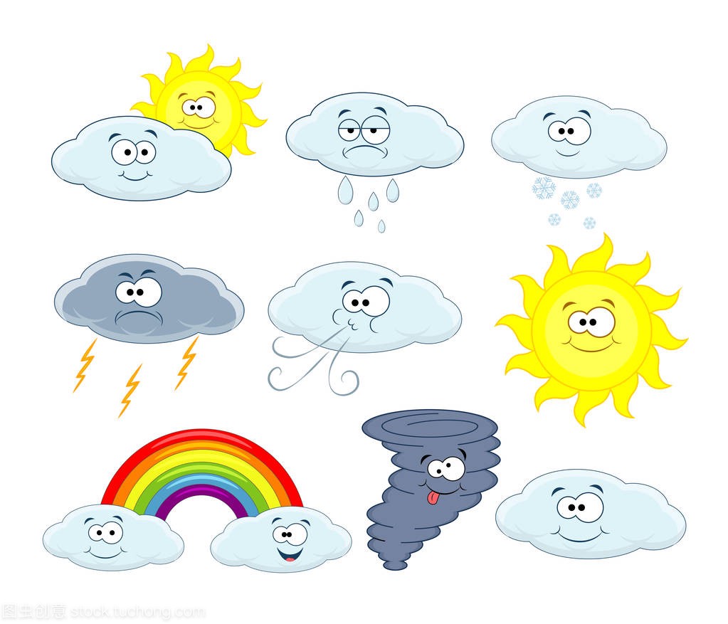 可爱的卡通矢量云图标。天气符号收集。我们