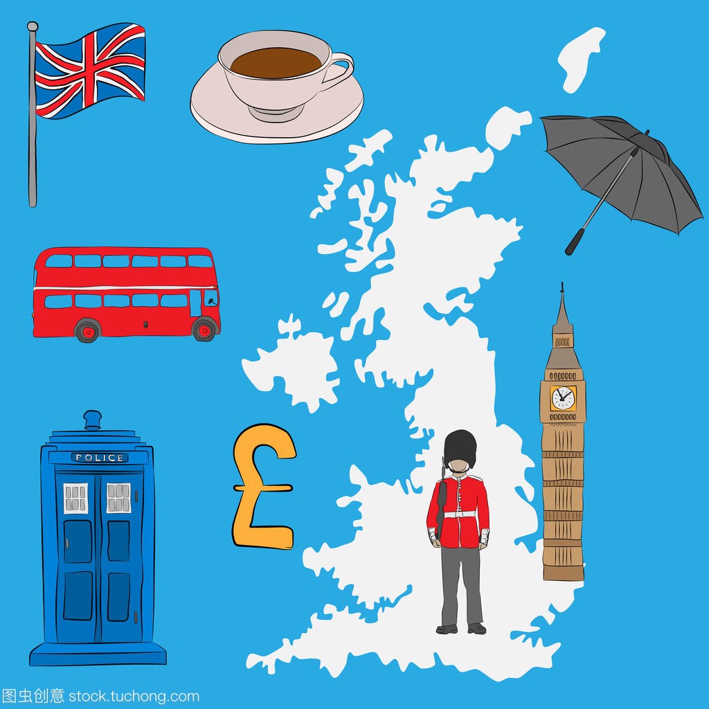 旅游概念-英国符号, 用铅笔画。联合杰克旗子,