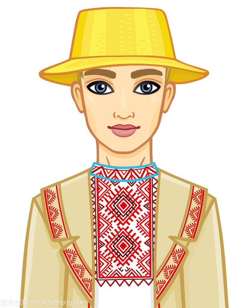年轻的白俄罗斯男孩在传统服装的动画肖像。东