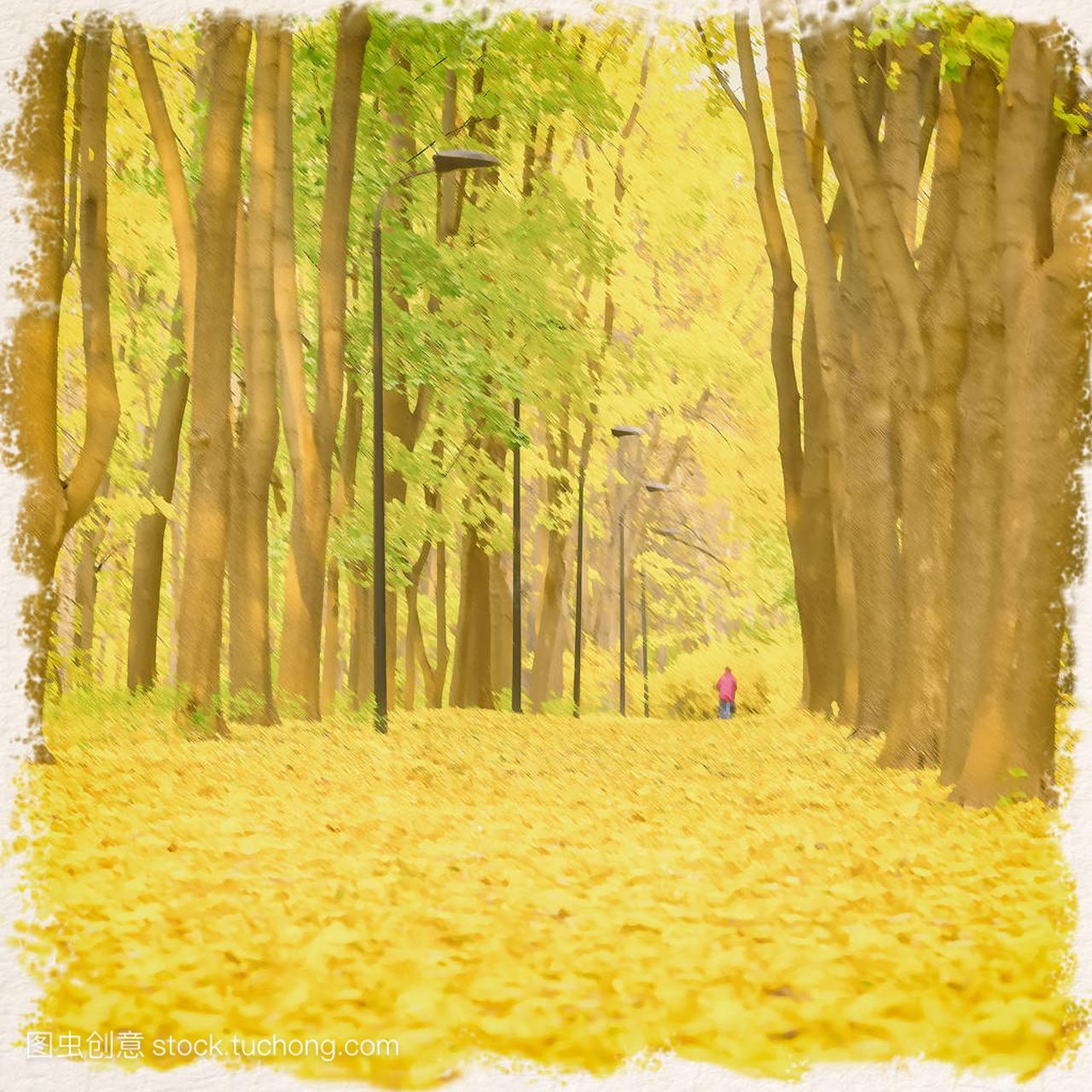 抽象模糊的秋天背景在绘画样式, 金黄颜色。路