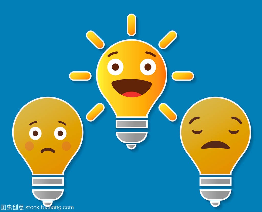 Vector concept of idea, brainstorm and teamwork. Light bulbs with character faces. Cute design element. Simple illustration for print, web