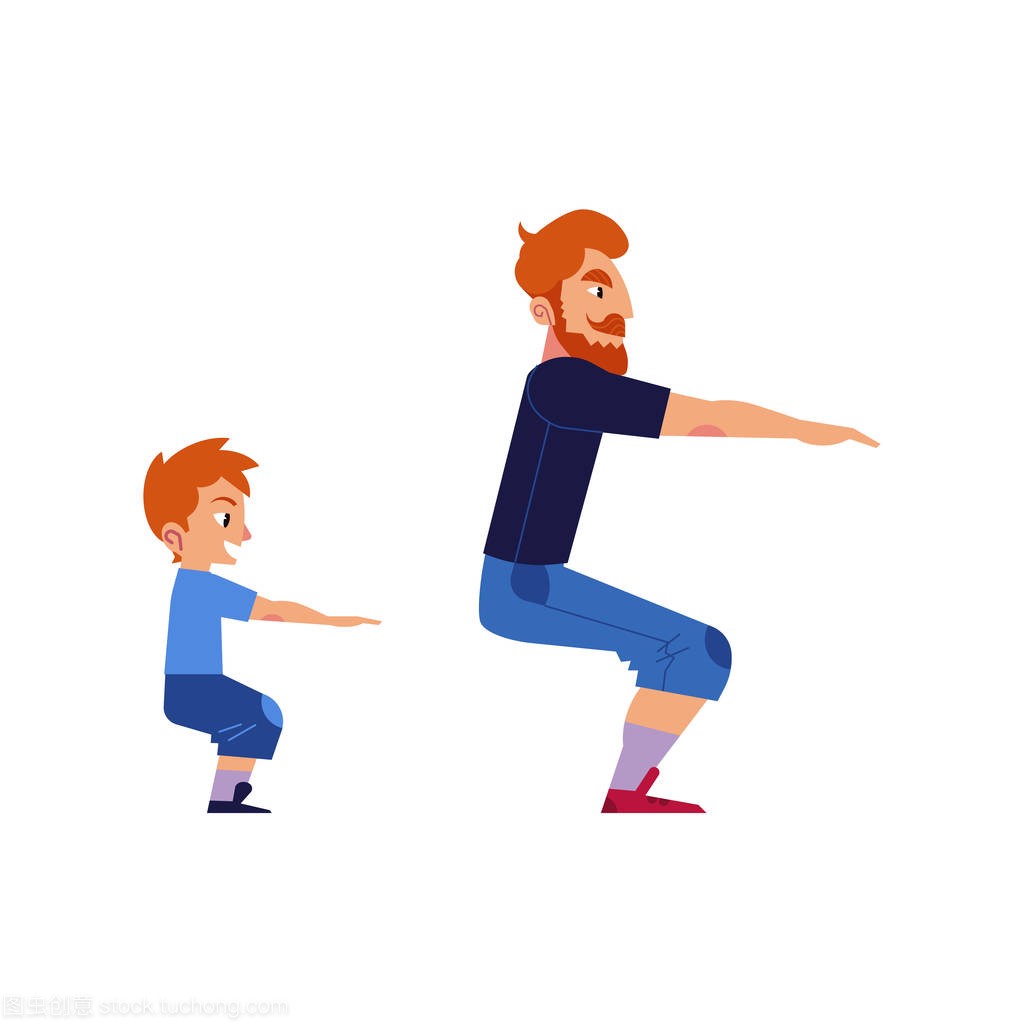 体育家庭概念与父子做锻炼和蹲在白色背景下隔