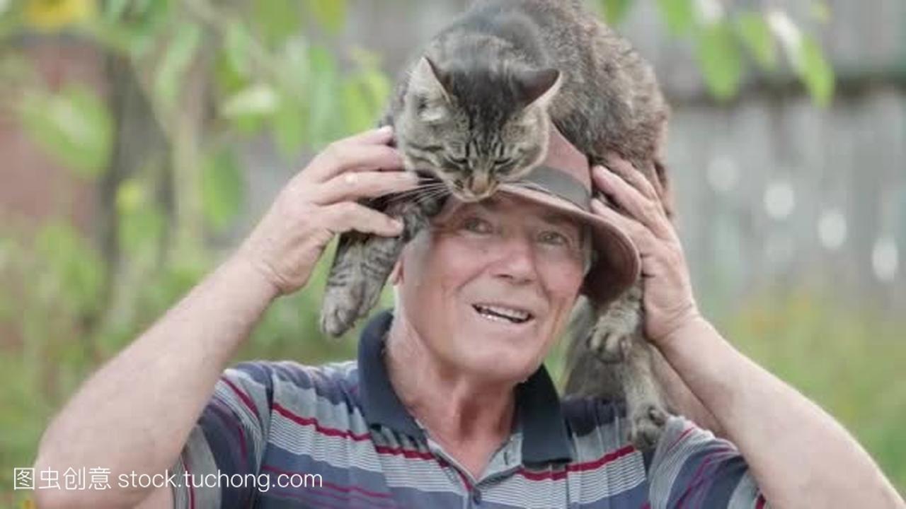 老男人玩毛茸茸的猫, 安排宠物在他的头上, 户外