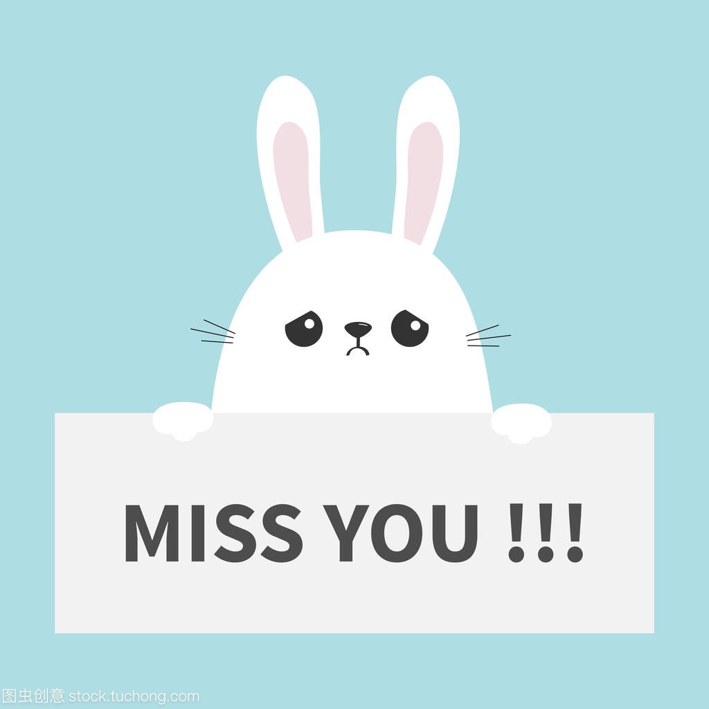白色哀伤兔子垂悬在纸板想念您。滑稽的头脸。