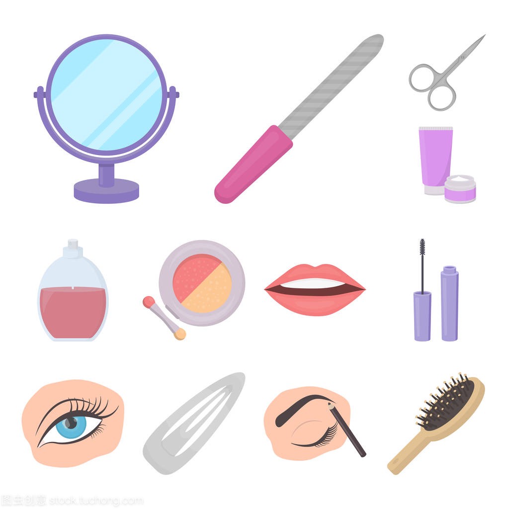 化妆和化妆品卡通图标集的设计。化妆和设备矢