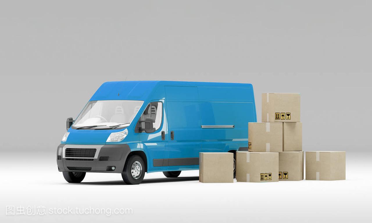 蓝色送货面包车与纸板箱脆弱的迹象。3d 插图