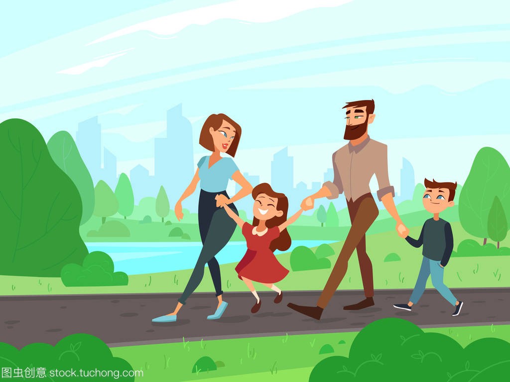 快乐卡通父亲, 母亲, 兄弟姐妹在夏日公园。年轻