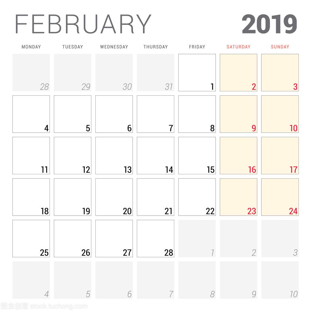 2019年2月日历规划师。星期从星期一开始。可