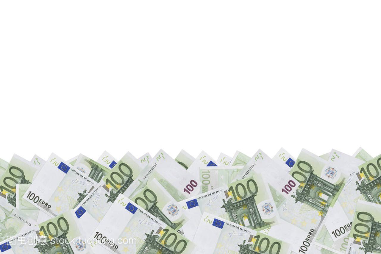 一套绿色货币面额为100欧元的背景图案。很多
