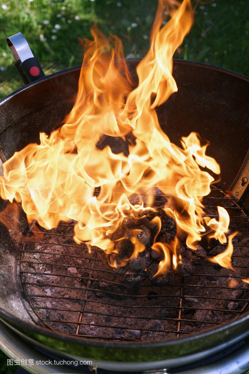 在烤架上开火, 在花园里烧烤香肠和木炭