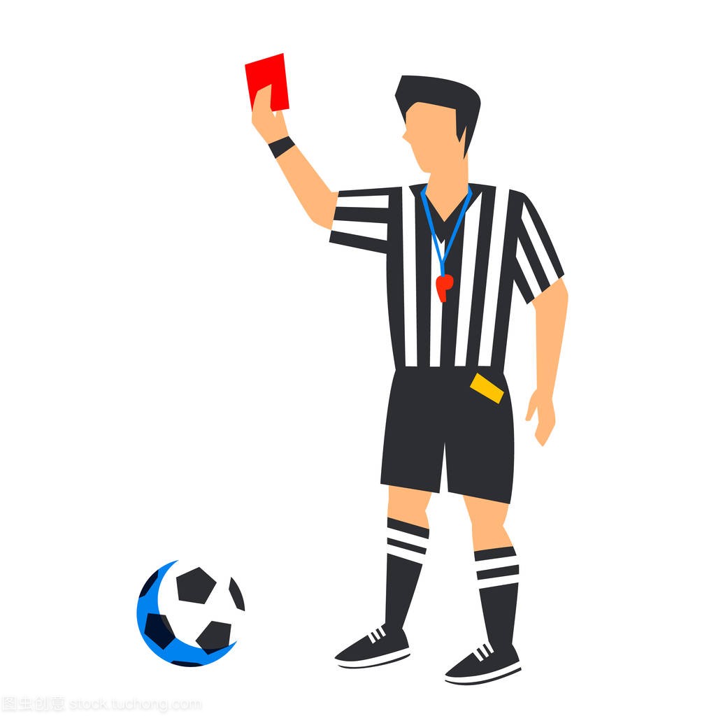 在蓝足球裁判中用红卡和球进行抽象。足球裁判
