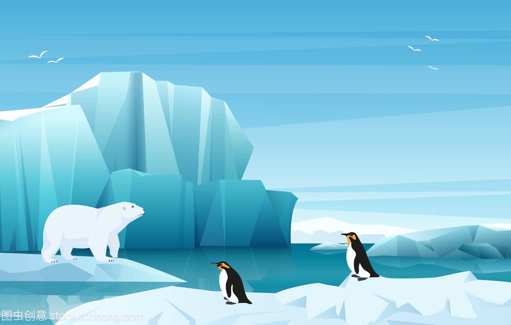 动画片自然冬天北极风景与冰山。白熊和企鹅。
