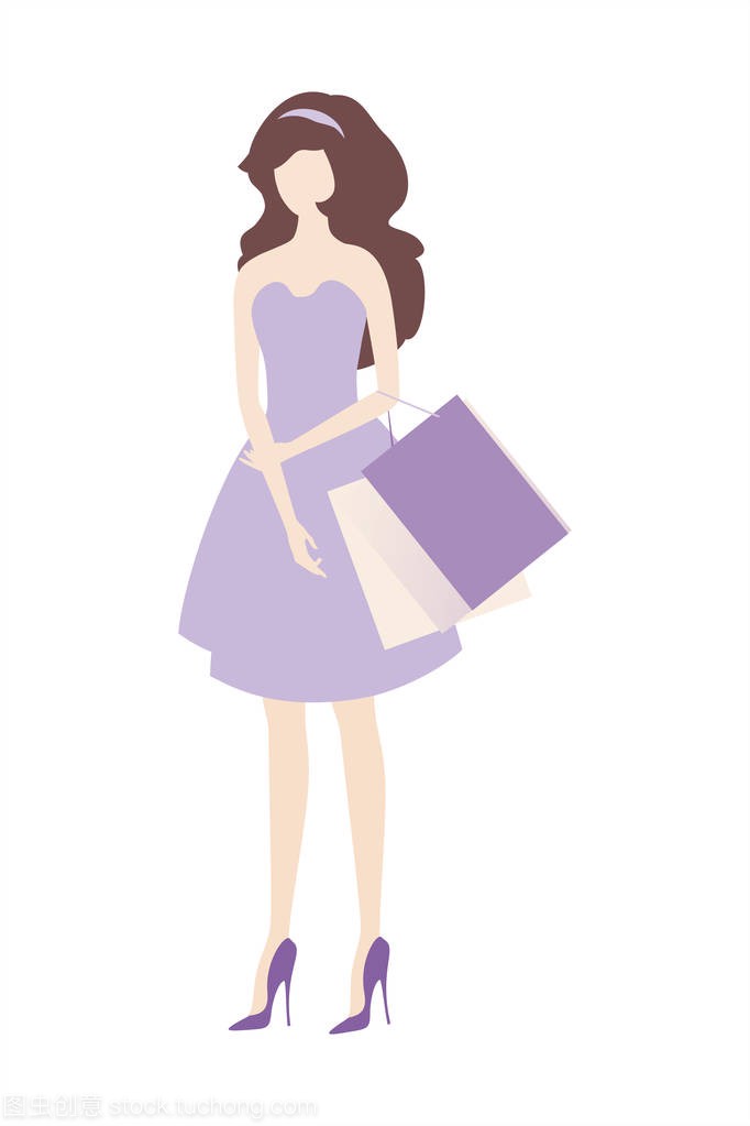 优雅的年轻女子穿着淡紫色的连衣裙和购物袋。