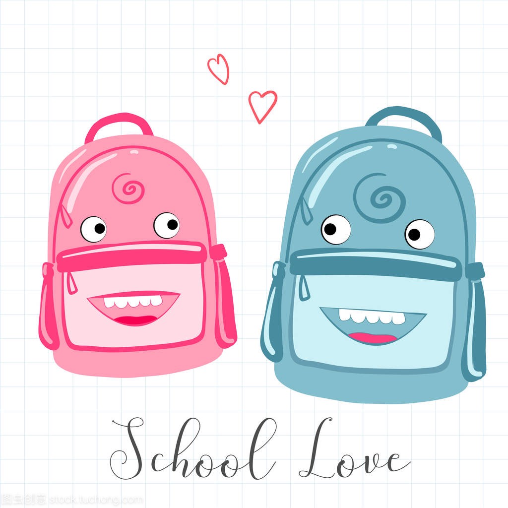 矢量插画迷恋学校背包。卡通人物。情侣相爱。