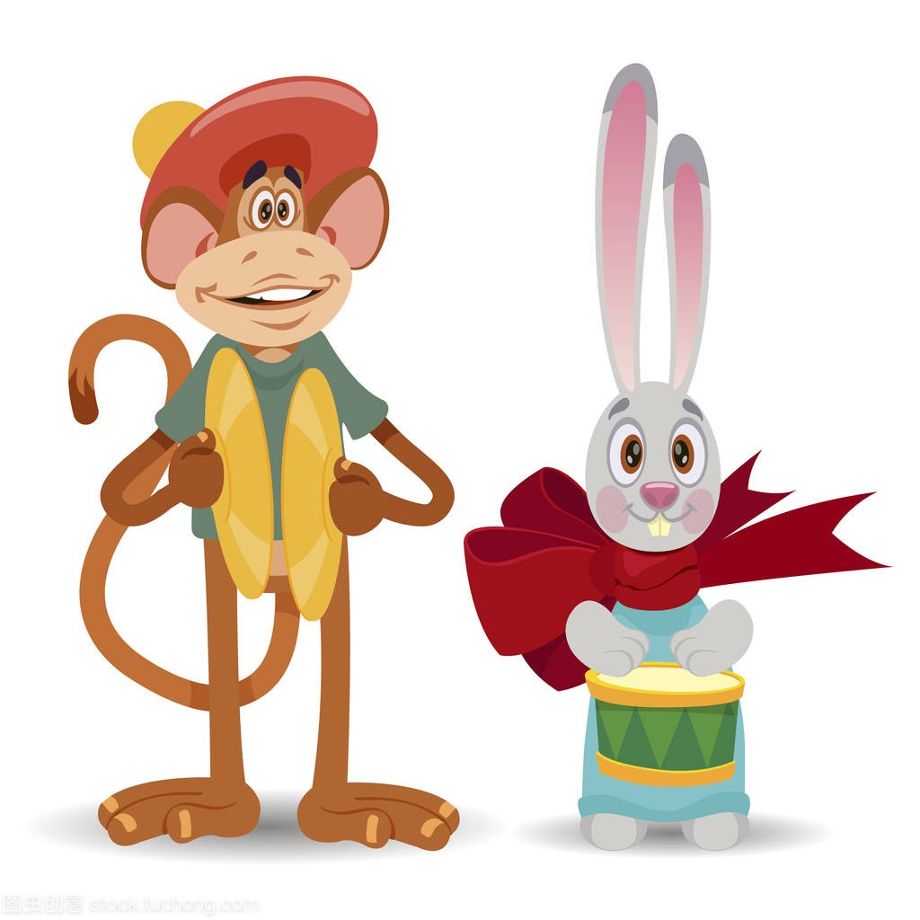 玩具猴和兔子。卡通风格的儿童玩具