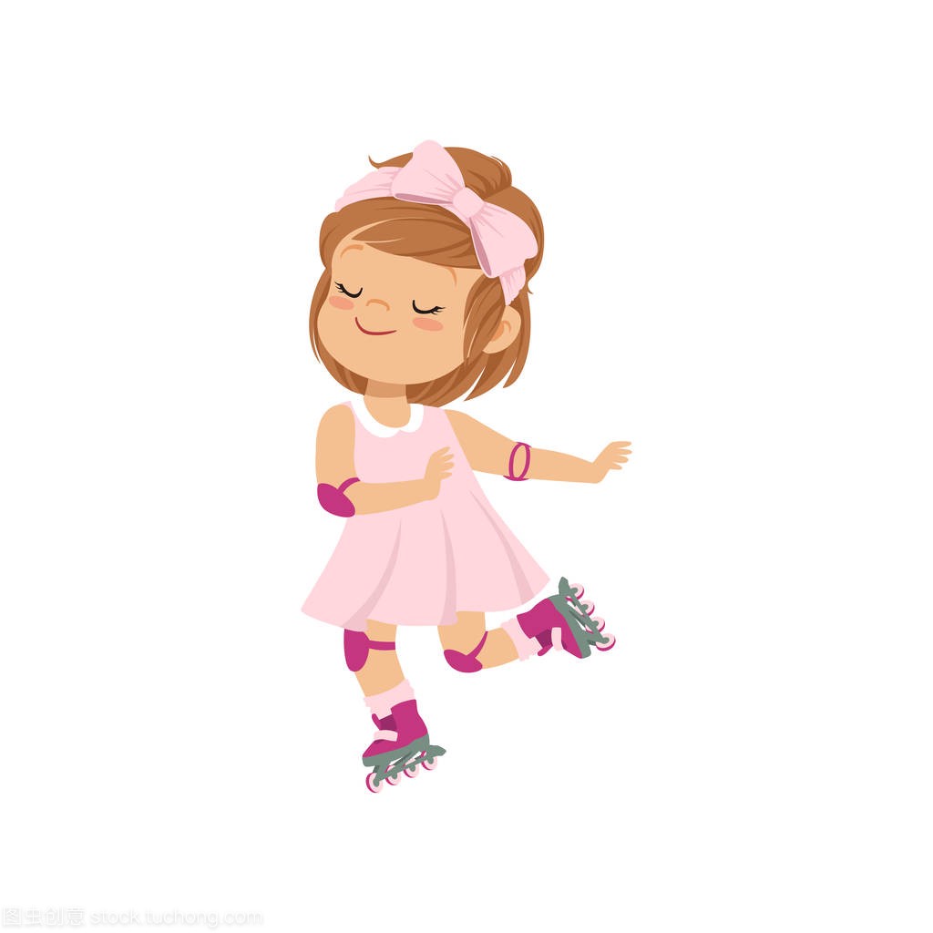 的小女孩在粉红色的礼服滑冰在旱冰鞋, 孩子体
