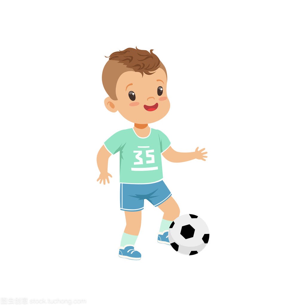 可爱的小男孩字符踢足球, 孩子体育活动概念矢