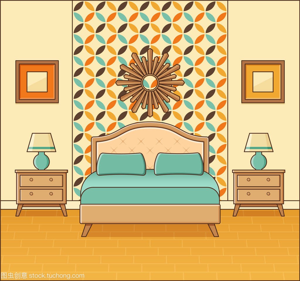 卧室内饰。旅馆房间与床。向量。家居复古空间