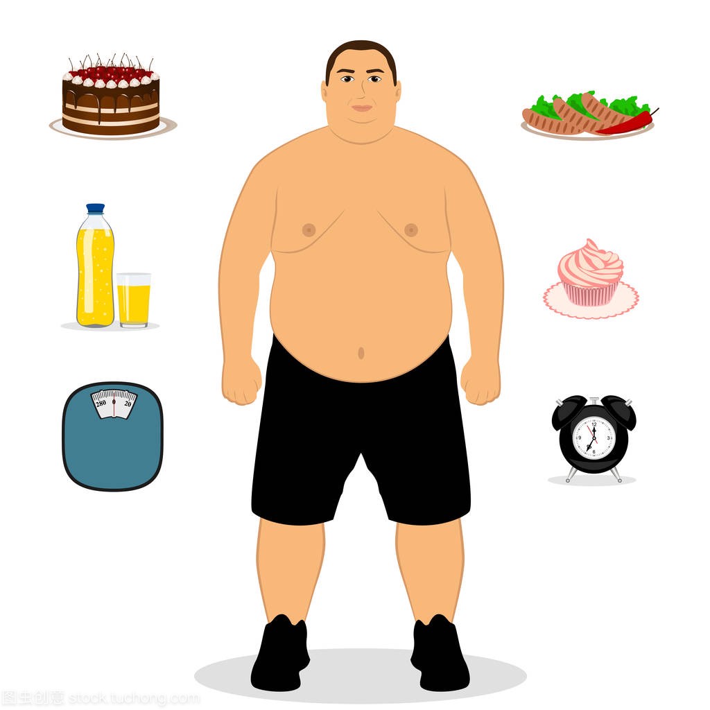 胖男人。不健康的生活方式。错误的一天模式。