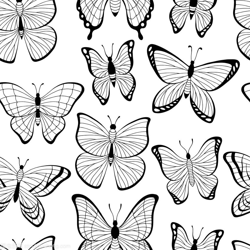 蝴蝶图形黑色白色无缝图案背景草图矢量图