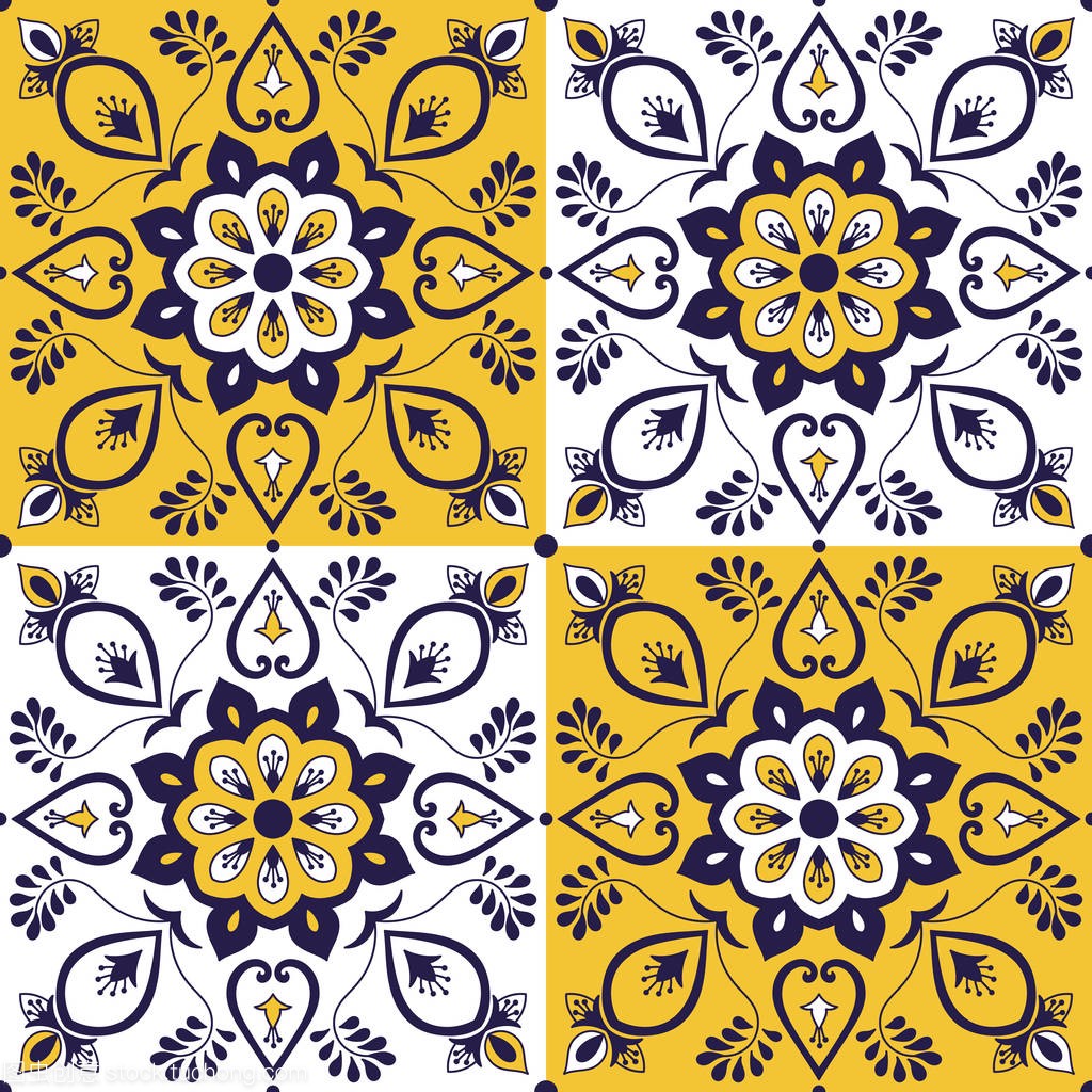 洛哥瓷砖图案矢量与巴洛克花卉装饰。葡萄牙 