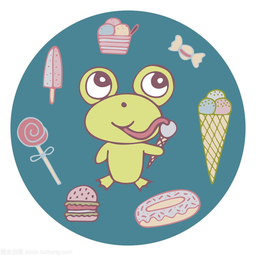 滑稽的手画的青蛙甜牙与冰淇淋和糖果