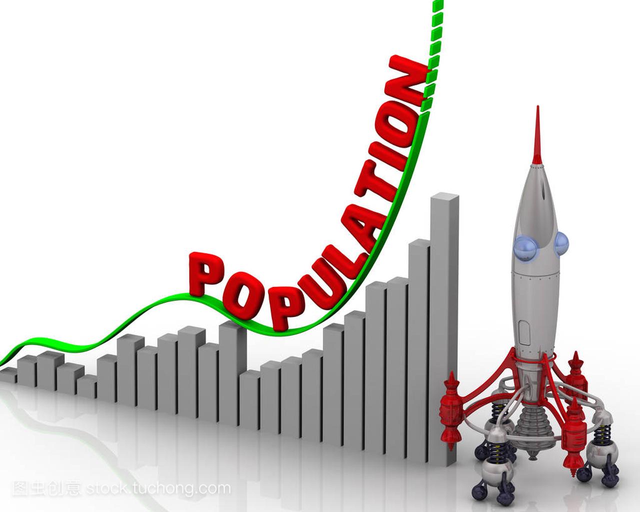 人口增长图。红色词人口和火箭快速增长图。3d 插图