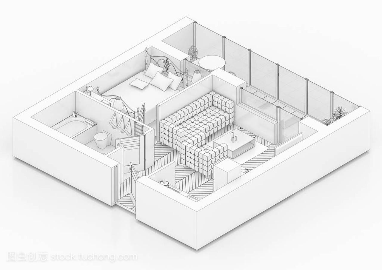 在白色背景下绘制平面图, 对家具住宅进行模拟