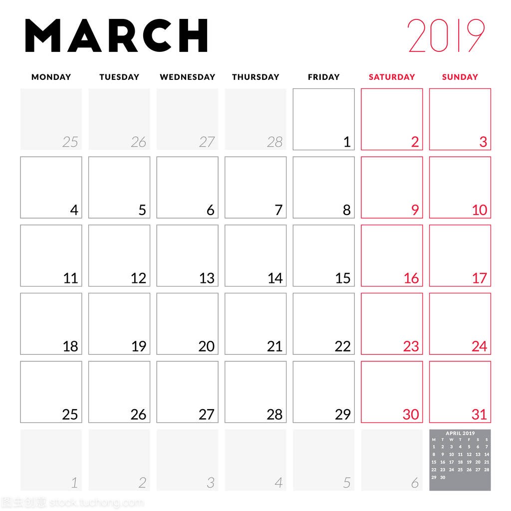 2019年3月日历规划师。星期从星期一开始。可