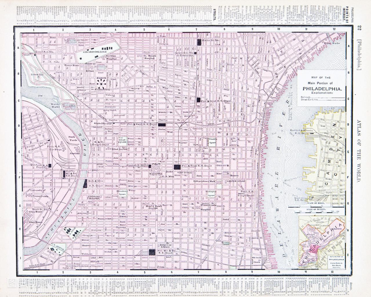 美国费城,宾夕法尼亚州的城市街道地图