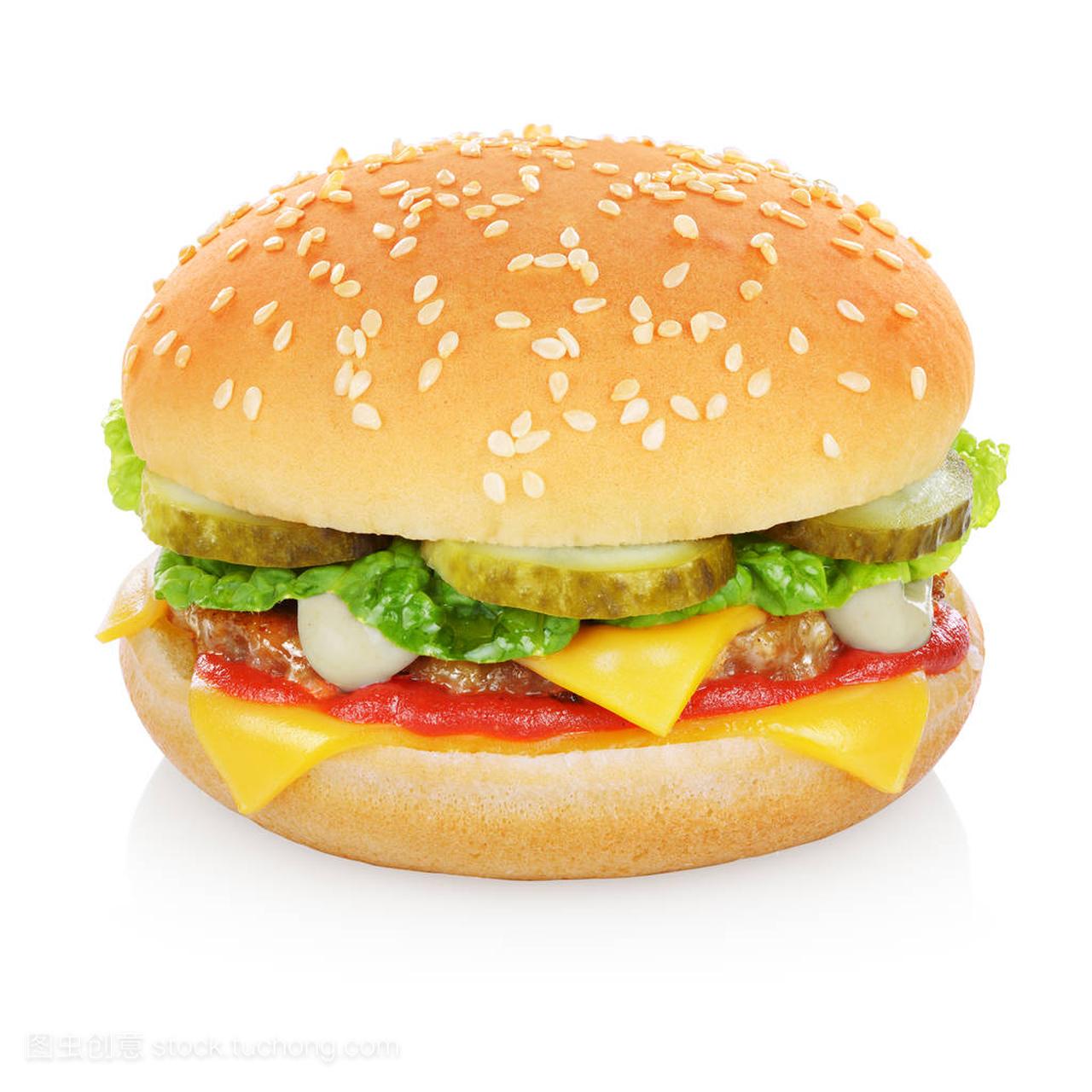 Cheeseburger with cheese, pickles, tomato, 