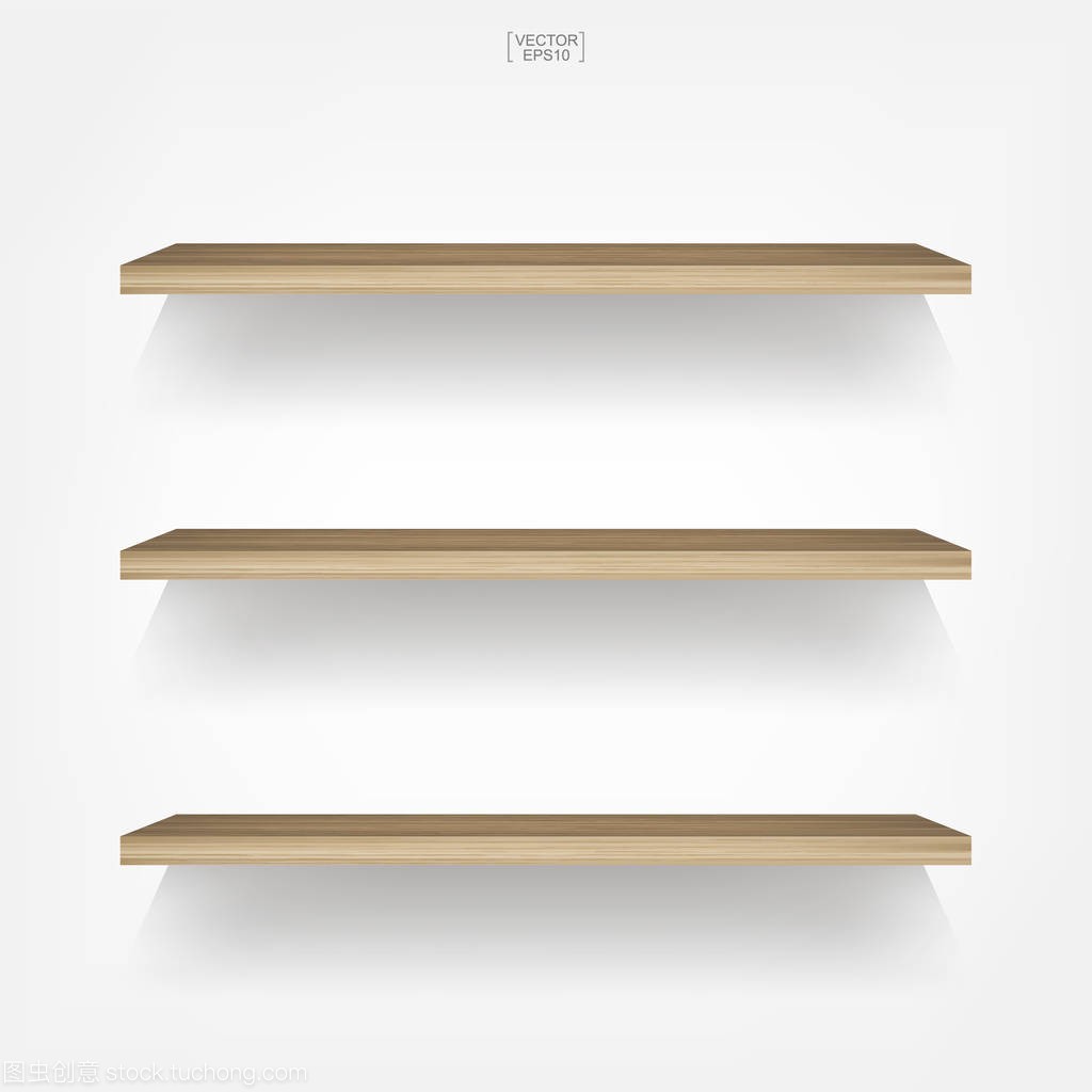 Empty wood shelf on white background with soft shadow. 3D empty wooden shelves on white wall. Vector illustration.