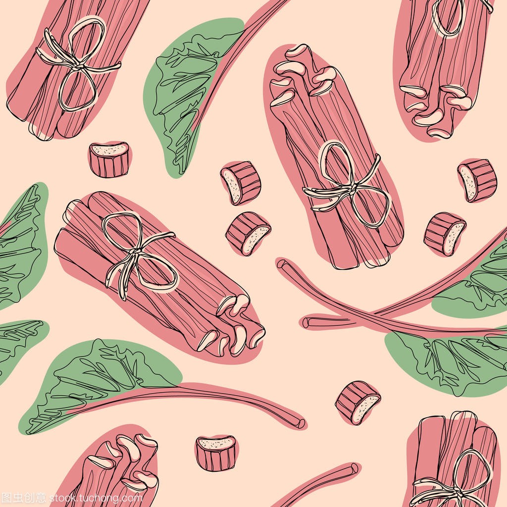 Hand drawn rhubarb pattern. leaves, bunches c