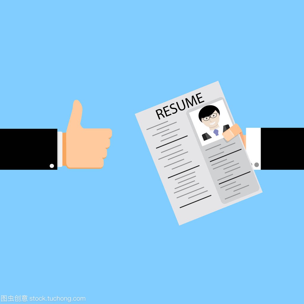 Applicant is hired. Hand with resume and employer hands thumb up. Vector illustration