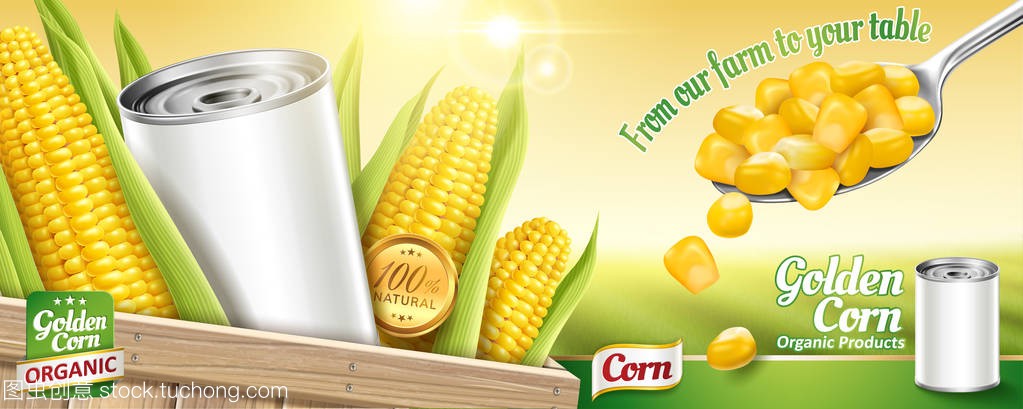 Sweet corn ads with blank tin can and kernels o